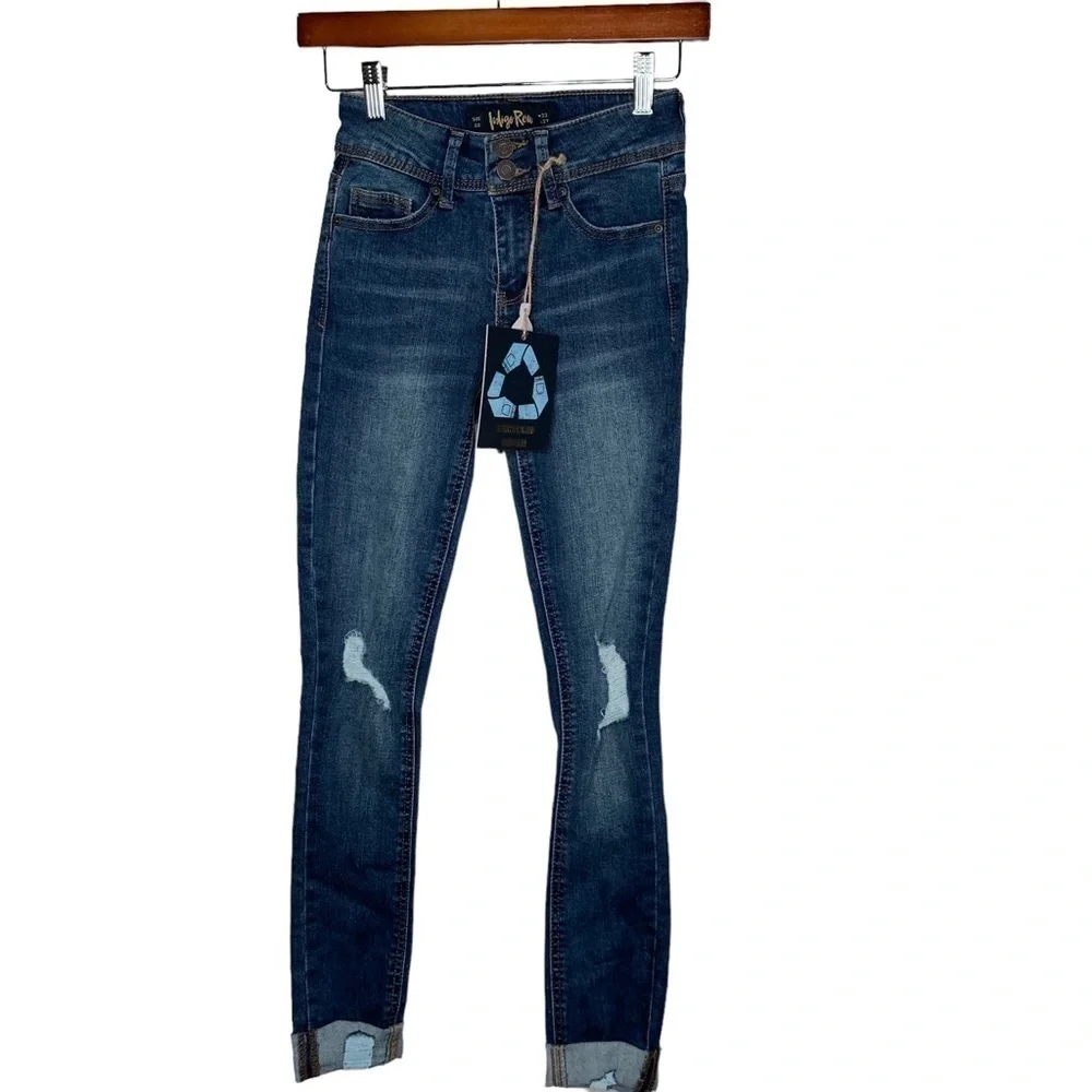 New Indigo Rein Ankle Mid Rise Jeans Juniors Size 00 Blue Dark Wash Cuffed
